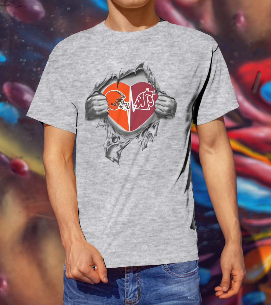 Browns And Washington State Cougars Heart Logo Ripped T-Shirt
