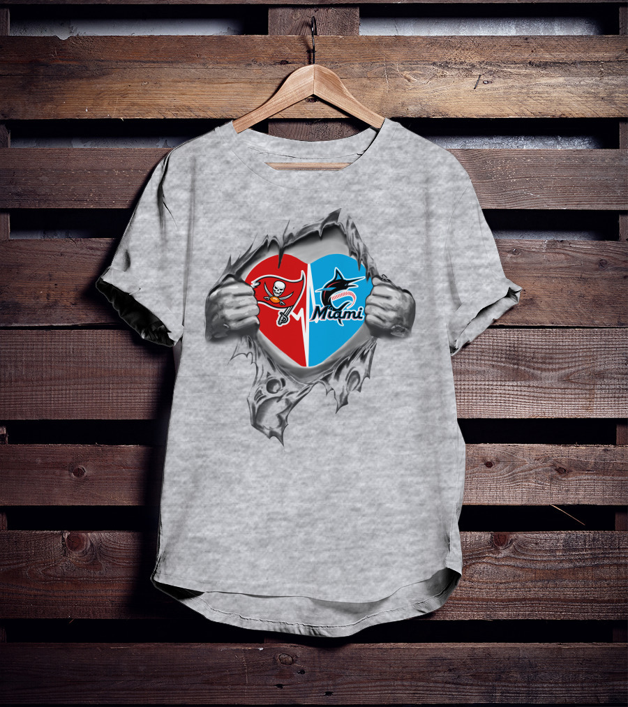 Buccaneers And Miami Marlins Heart Rip T-Shirt