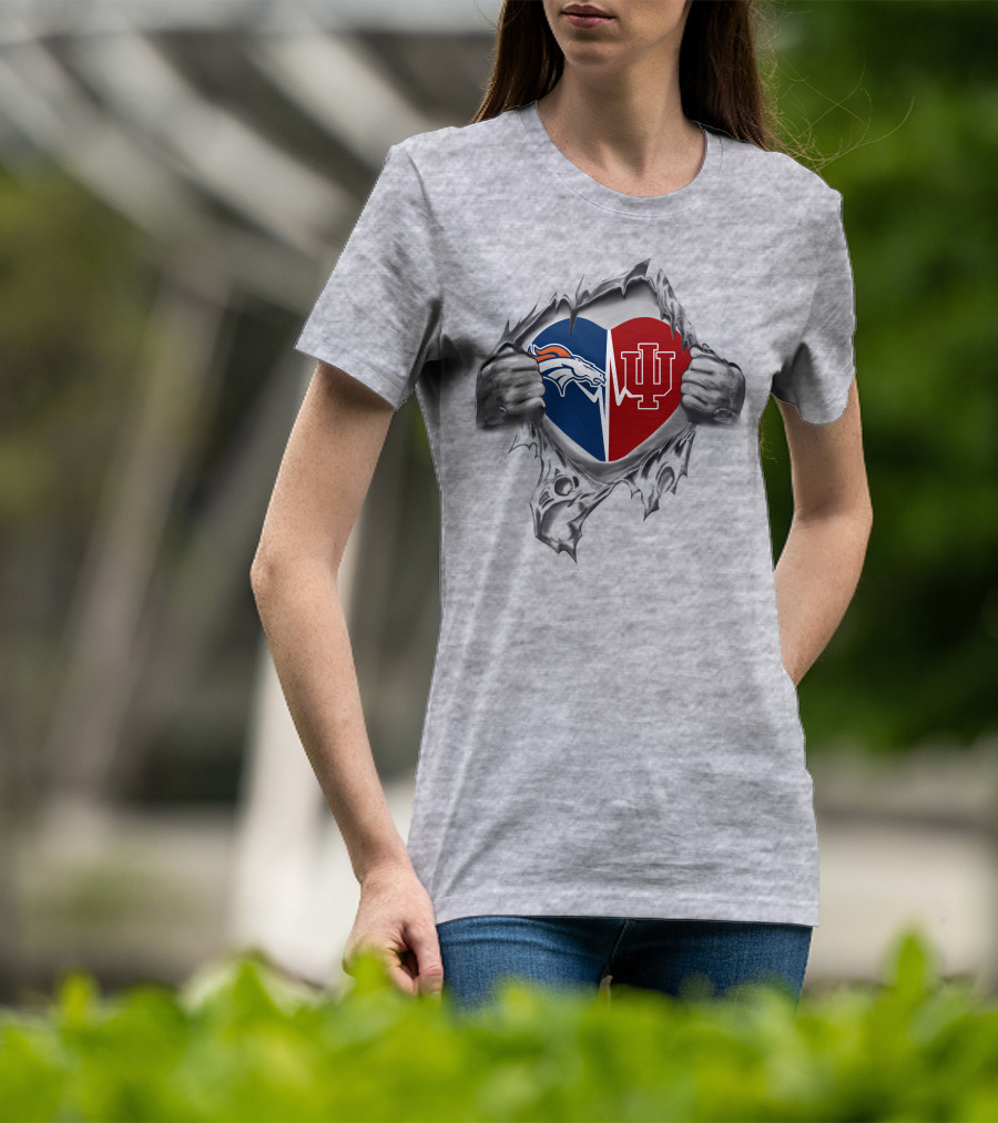 Broncos Indiana Hoosiers Heart Design Featuring Split Logo With Hands T-Shirt