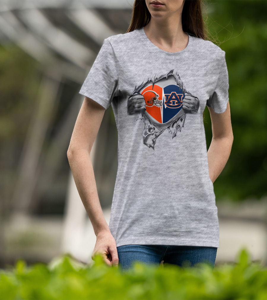 Browns Auburn Tigers Heart Peel Logo Combination T-Shirt