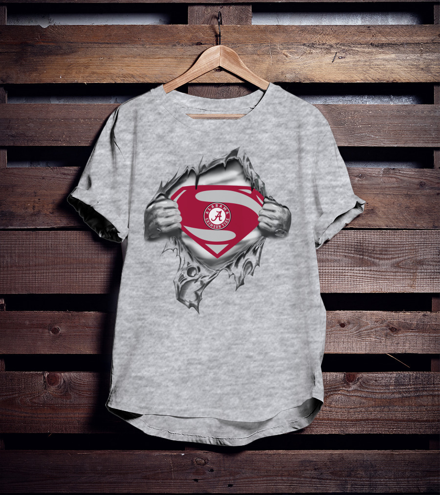 Alabama Crimson Tide Superman Logo With Shield And Torn Steel Effect T-Shirt