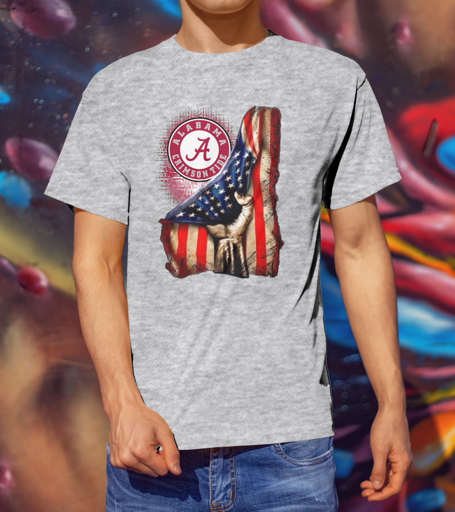 Alabama Crimson Tide American Flag Fist Outline T-Shirt