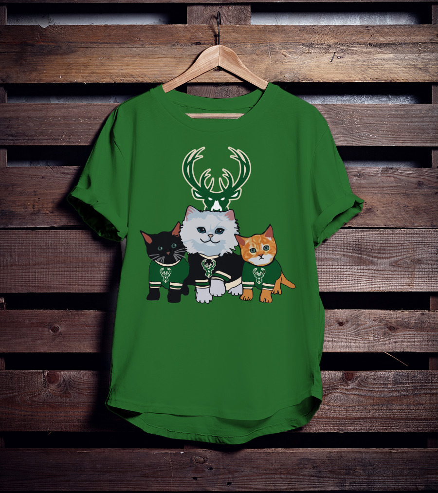 Milwaukee Bucks Cats Trio With Team Logos And Deer Antlers T-Shirt