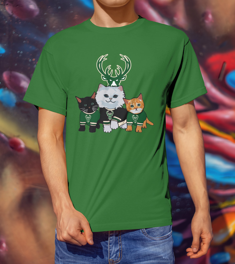 Milwaukee Bucks Cats Trio With Team Logos And Deer Antlers T-Shirt