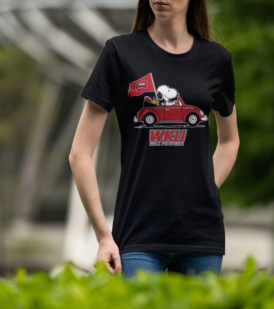 WKU Hilltoppers Snoopy Riding In Red Car With Flag T-Shirt