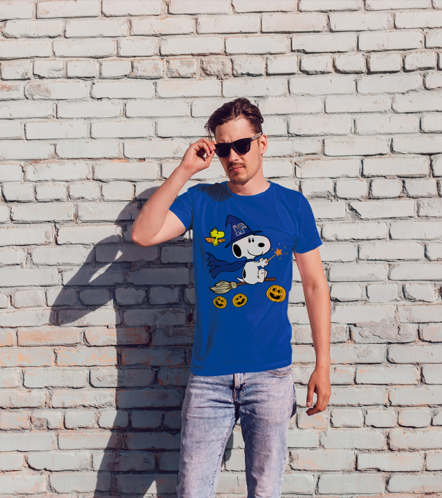 Snoopy And Woodstock Flying Witch With Memphis Tigers Hat And Happy Halloween Pumpkins T-Shirt