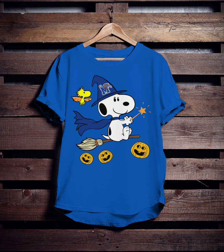 Snoopy And Woodstock Flying Witch With Memphis Tigers Hat And Happy Halloween Pumpkins T-Shirt