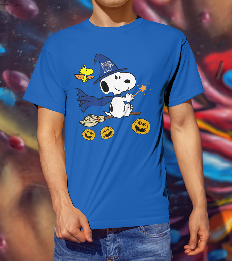 Snoopy And Woodstock Flying Witch With Memphis Tigers Hat And Happy Halloween Pumpkins T-Shirt