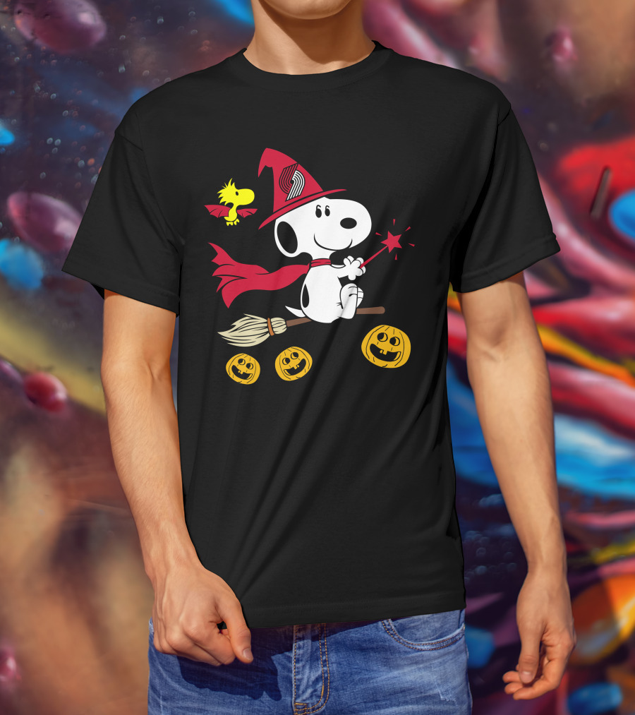 Portland Trail Blazers Happy Halloween Snoopy Witch Broom Woodstock Pumpkins T-Shirt
