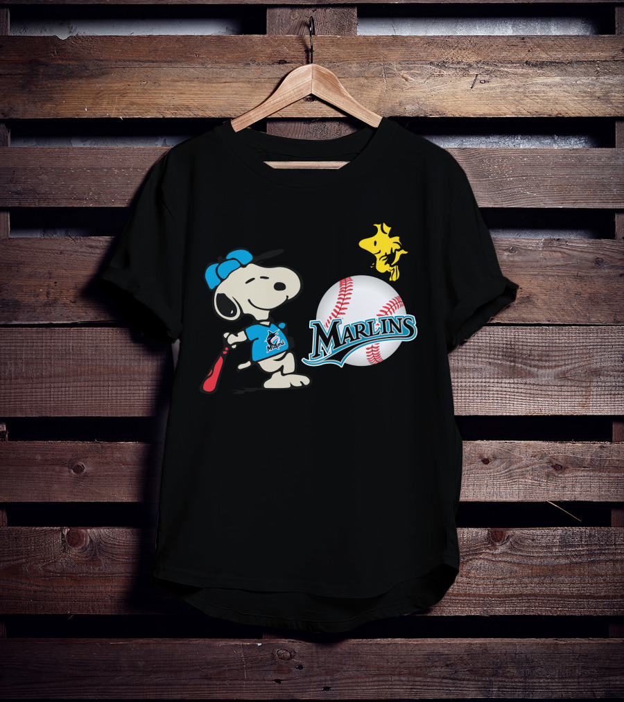 Miami Marlins Snoopy Baseball Woodstock Cartoon T-Shirt