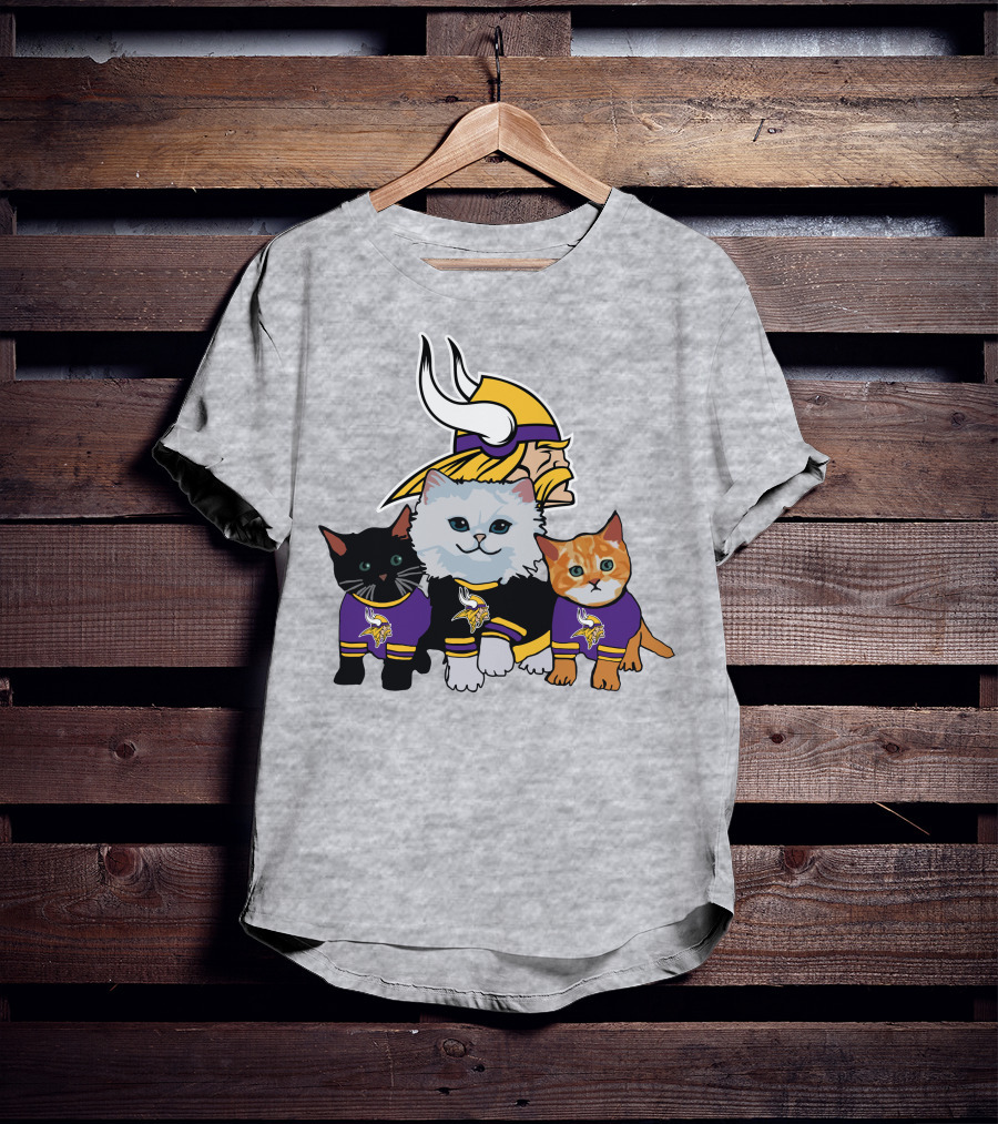 Minnesota Vikings Cats In Purple Jerseys With Viking Helmet T-Shirt