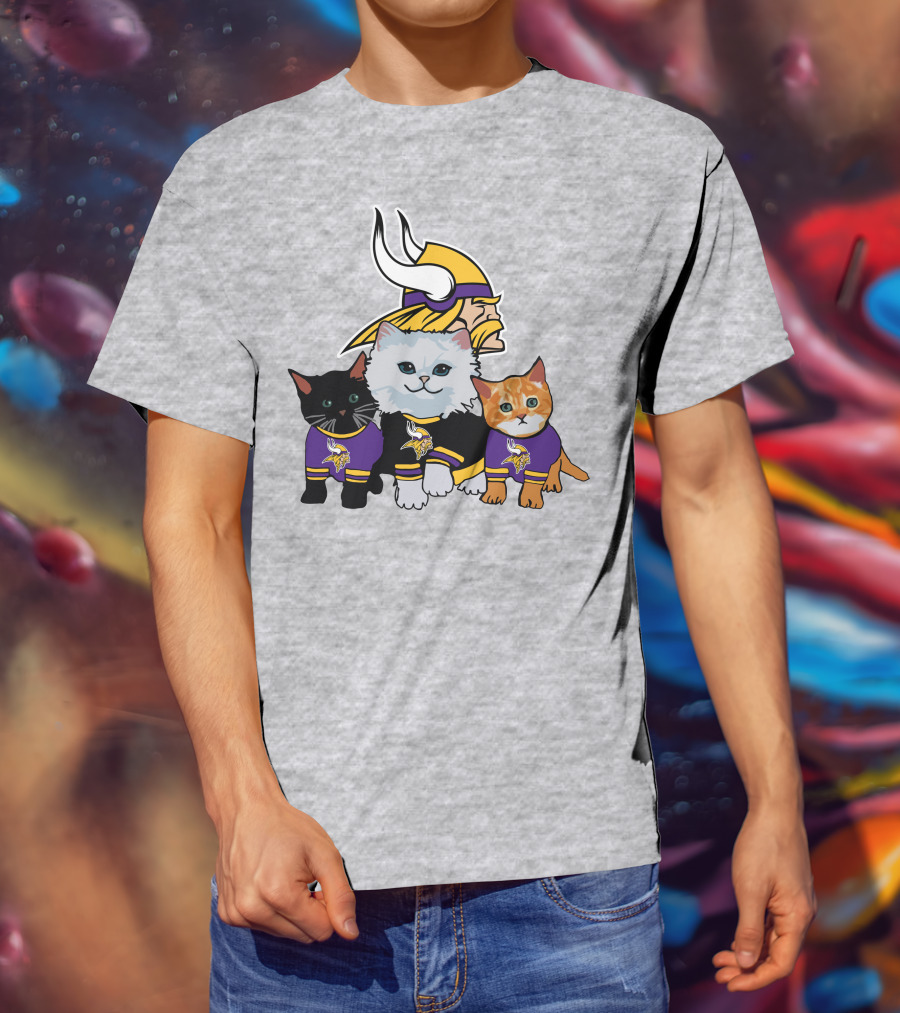 Minnesota Vikings Cats In Purple Jerseys With Viking Helmet T-Shirt
