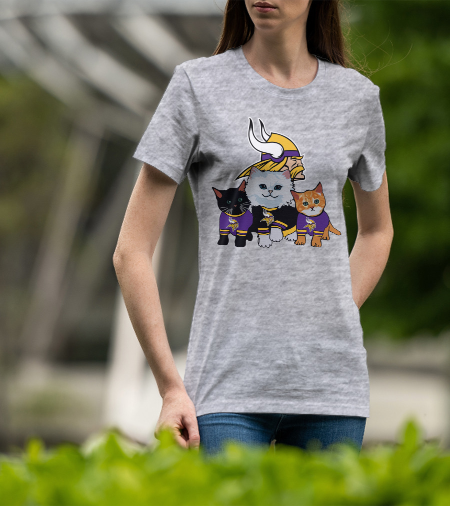 Minnesota Vikings Cats In Purple Jerseys With Viking Helmet T-Shirt
