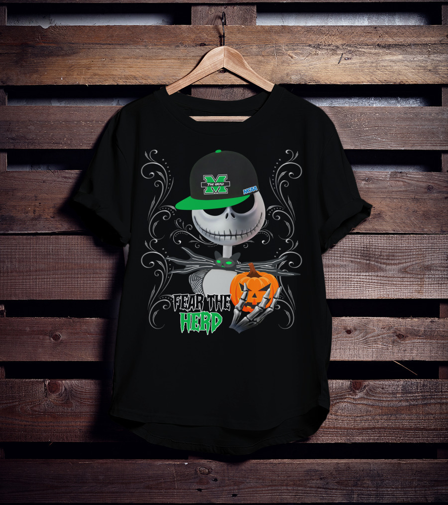 Marshall Thundering Herd Fear The Herd Halloween NCAA Skeleton With Pumpkin T-Shirt
