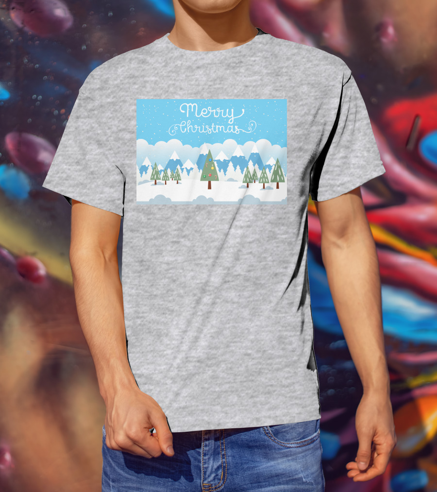 Merry Christmas Snowy Mountain Landscape With Decorated Tree T-Shirt