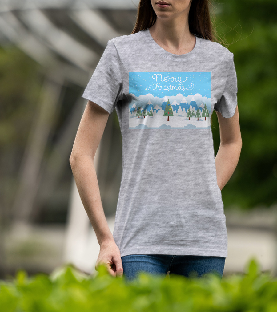 Merry Christmas Snowy Mountain Landscape With Decorated Tree T-Shirt