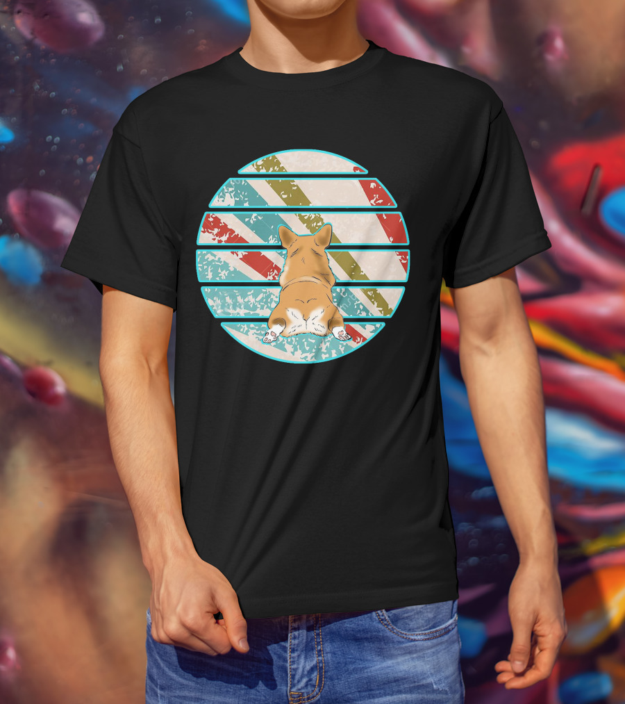 Welsh Corgi Retro Stripes Circle T-Shirt