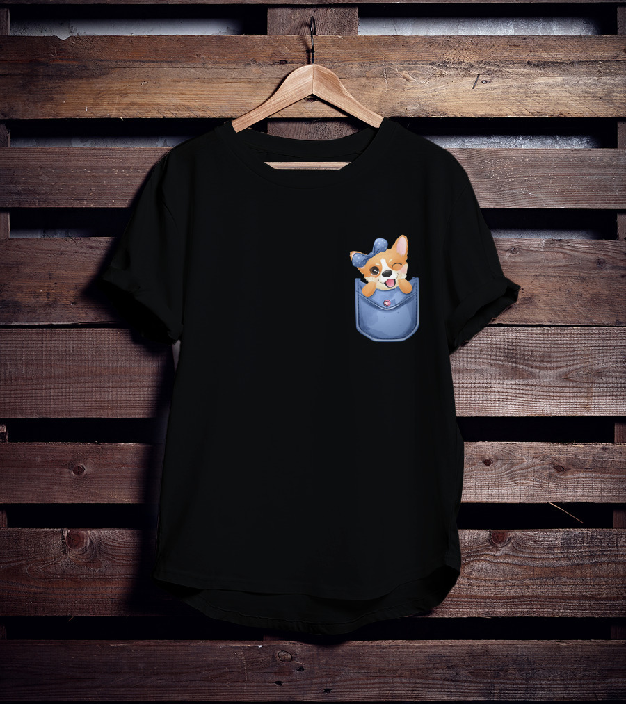 Corgi In Blue Pocket With Winking Bow T-Shirt