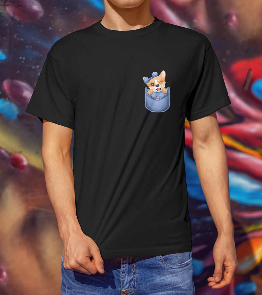 Corgi In Blue Pocket With Winking Bow T-Shirt