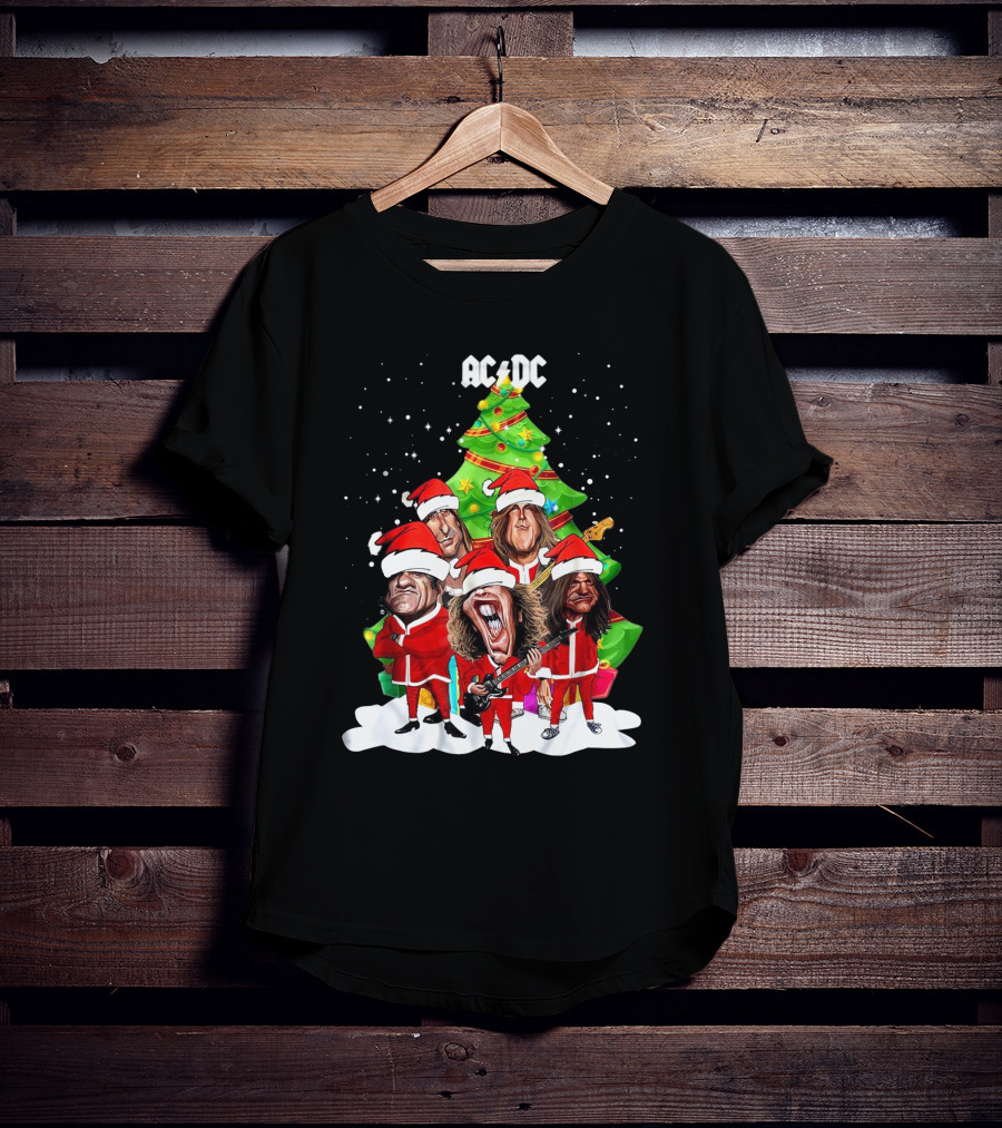 ACDC Christmas Band Santa Hats Cartoon Snow Guitar Christmas Tree T-Shirt