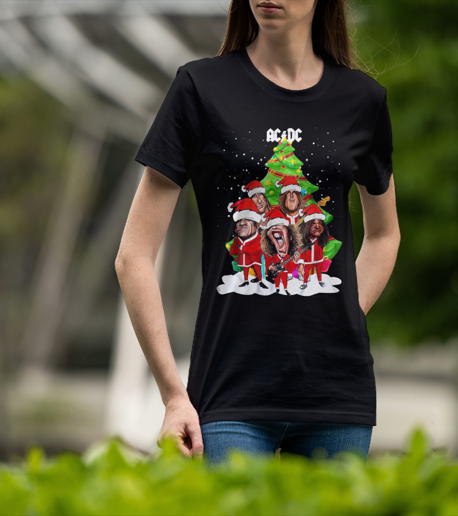 ACDC Christmas Band Santa Hats Cartoon Snow Guitar Christmas Tree T-Shirt
