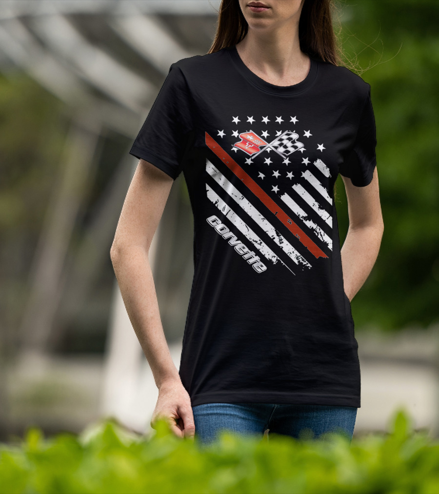Corvette C3 American Flag Vintage Racing Stripes And Emblems T-Shirt