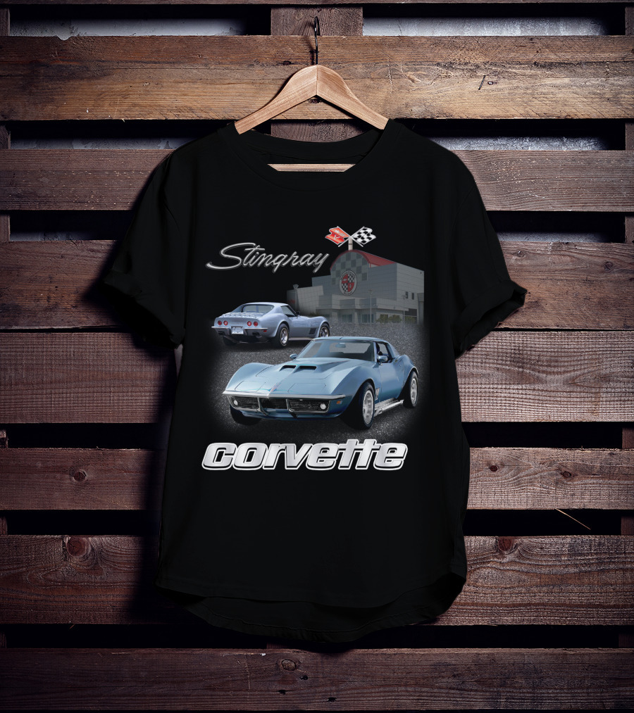 Stingray Corvette Classic C3 At Museum With Racing Flag Emblem T-Shirt