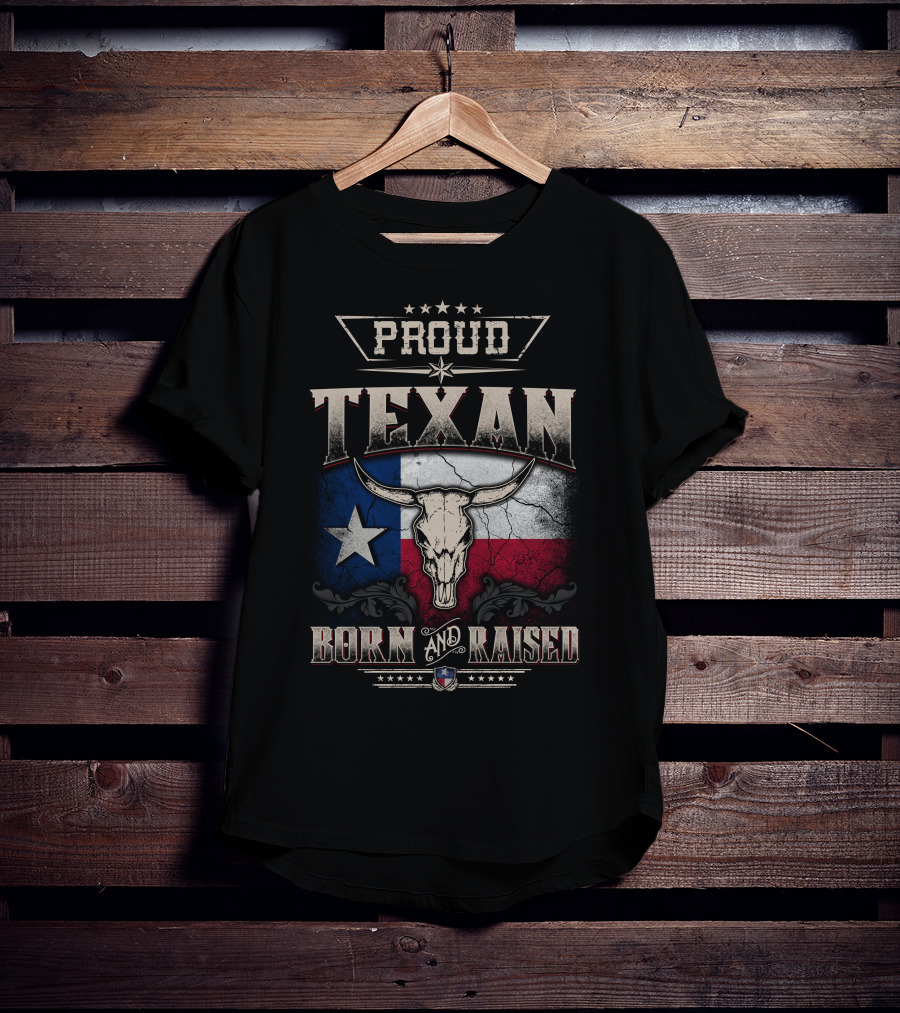 Proud Texan Born And Raised Texas Flag Longhorn Skull T-Shirt