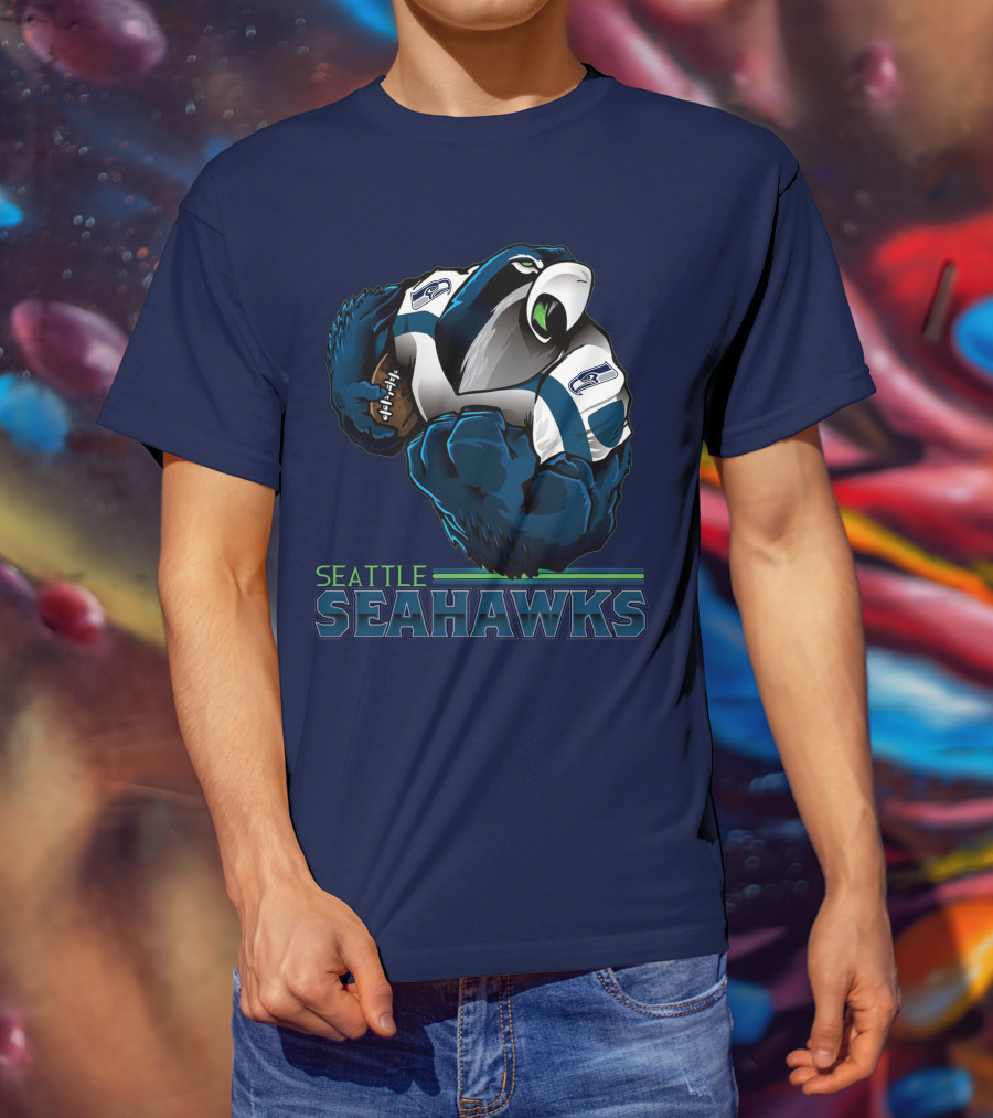 Seattle Seahawks Powerful Mascot With Football Iconic Team Spirit T-Shirt