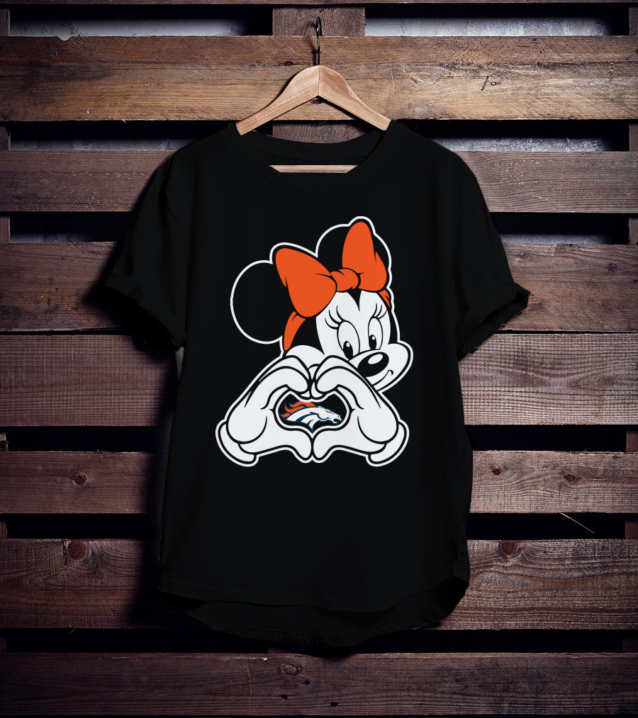 Minnie Mouse Heart Hands Denver Broncos Logo On Black Background With Orange Bow T-Shirt