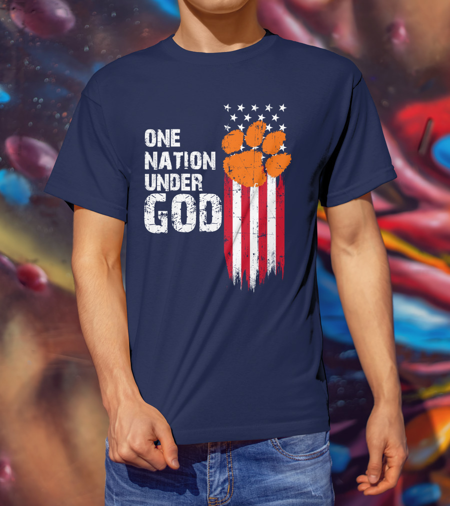 One Nation Under God Clemson Tigers American Flag Paw Print T-Shirt