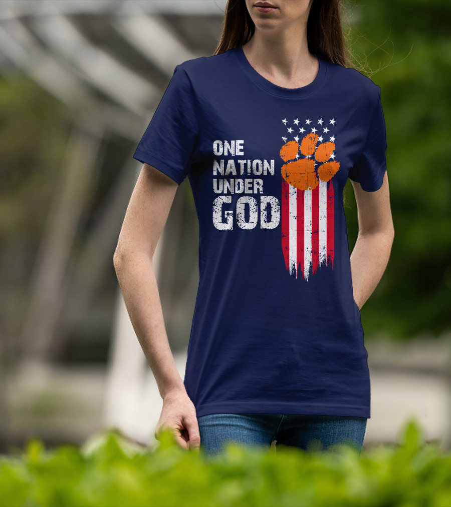 One Nation Under God Clemson Tigers American Flag Paw Print T-Shirt