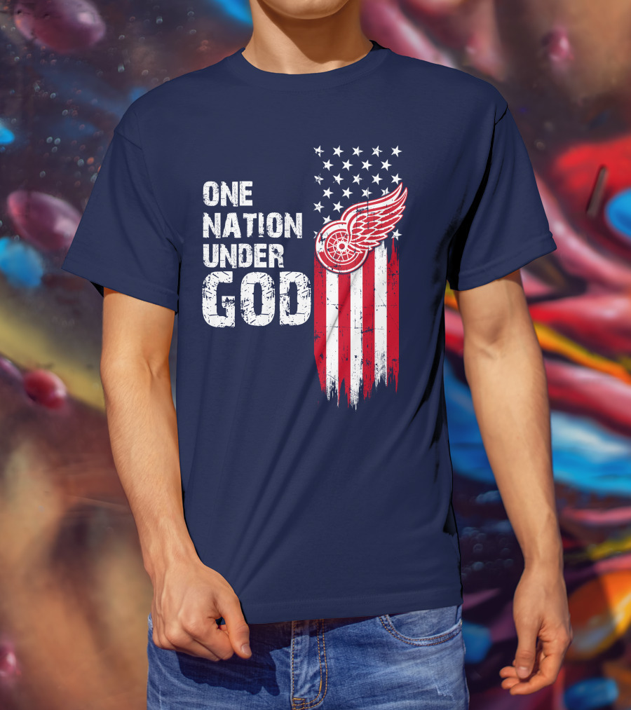 One Nation Under God Detroit Redwings American Flag Stars And Stripes T-Shirt