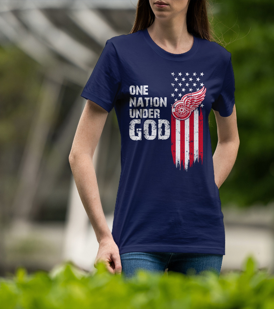 One Nation Under God Detroit Redwings American Flag Stars And Stripes T-Shirt