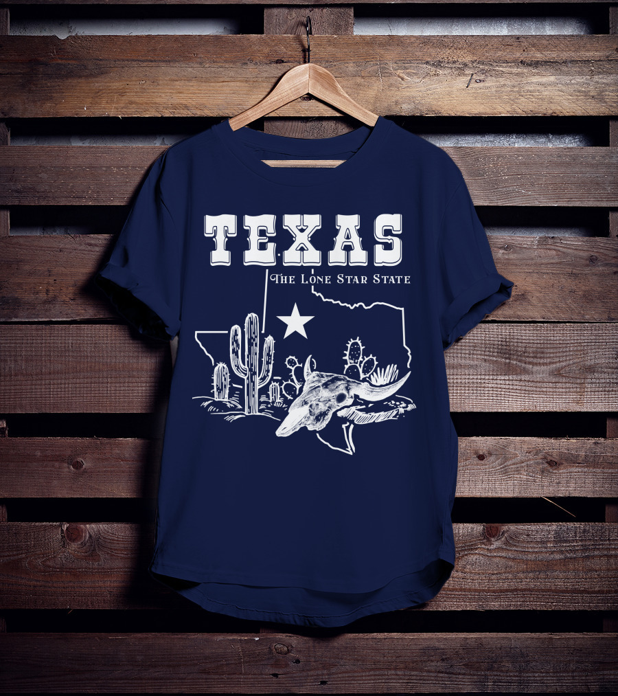 Texas The Lone Star State Map Outline With Cactus And Bull Skull T-Shirt