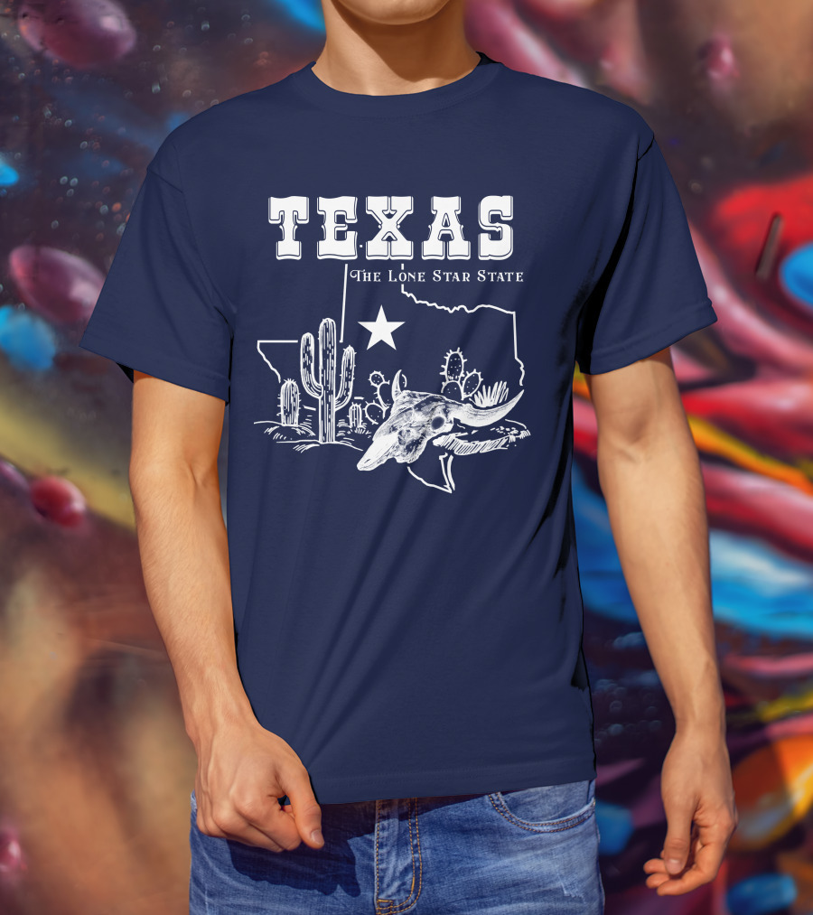 Texas The Lone Star State Map Outline With Cactus And Bull Skull T-Shirt