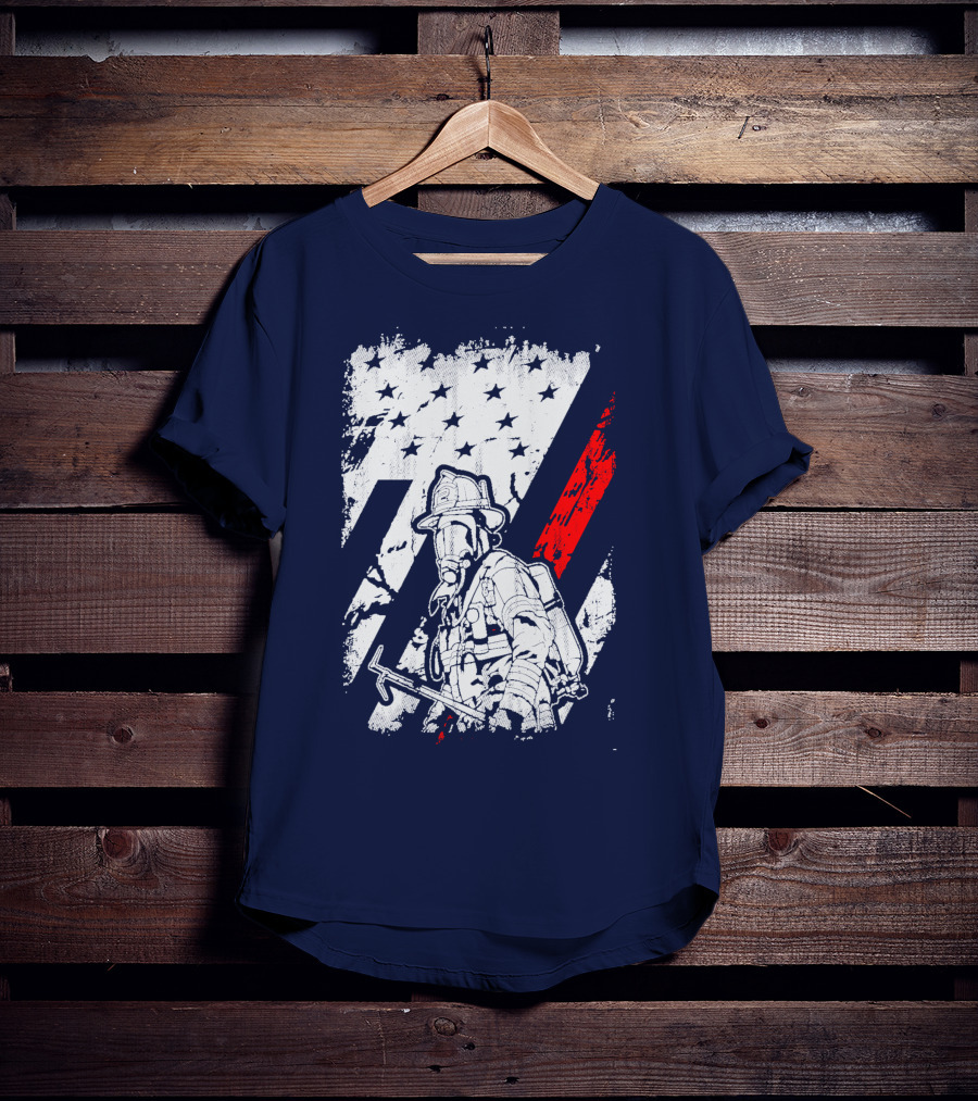 The Firefighters American Flag Tribute Heroic Firefighter With Axe And Stars And Stripes T-Shirt