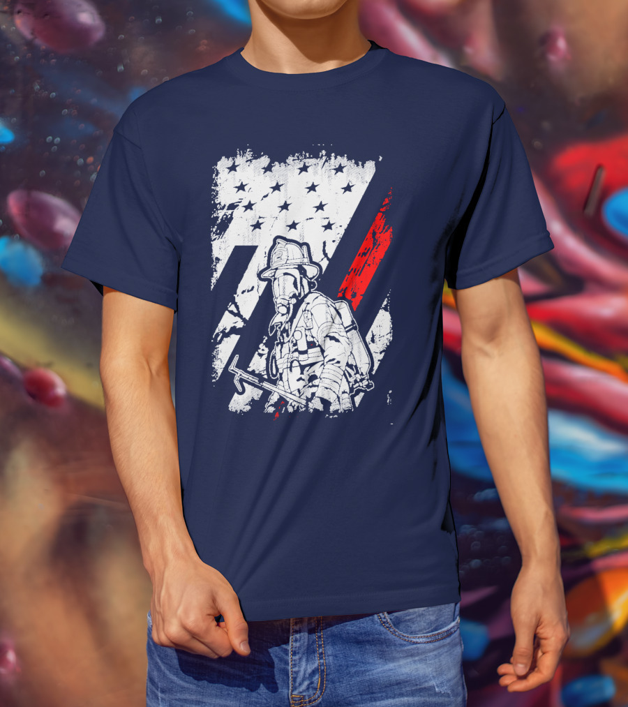 The Firefighters American Flag Tribute Heroic Firefighter With Axe And Stars And Stripes T-Shirt