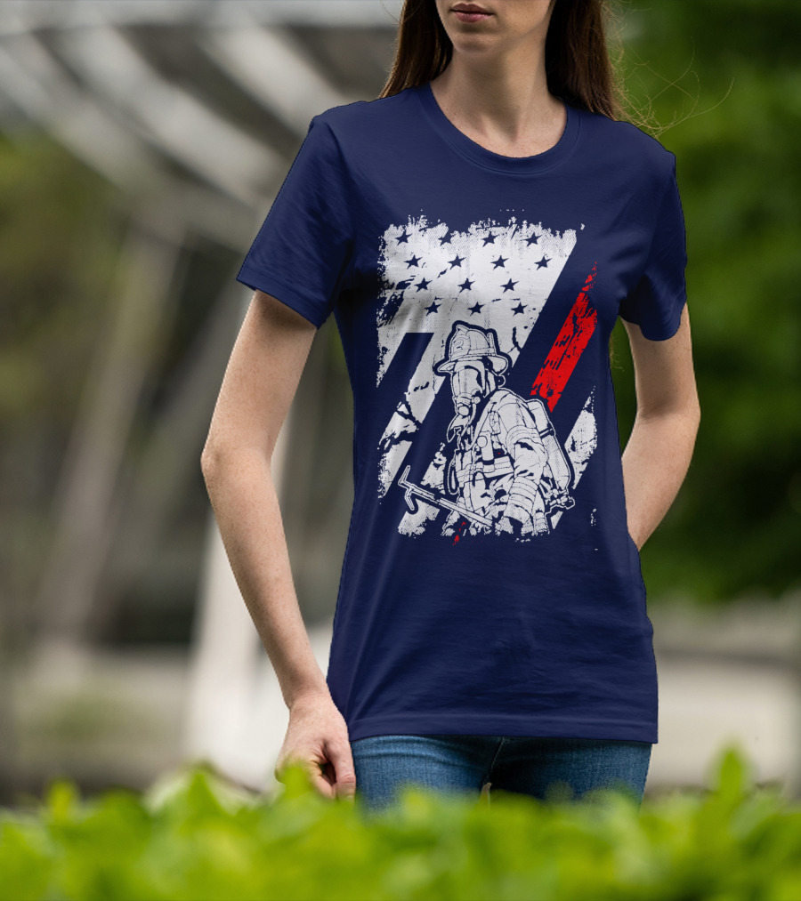 The Firefighters American Flag Tribute Heroic Firefighter With Axe And Stars And Stripes T-Shirt
