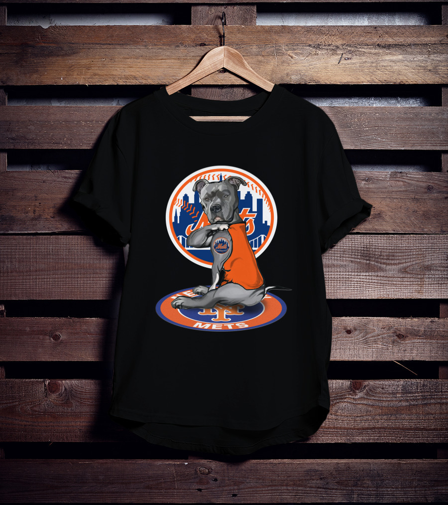 New York Mets Dog In Orange Shirt With Team Logo And Skyline T-Shirt