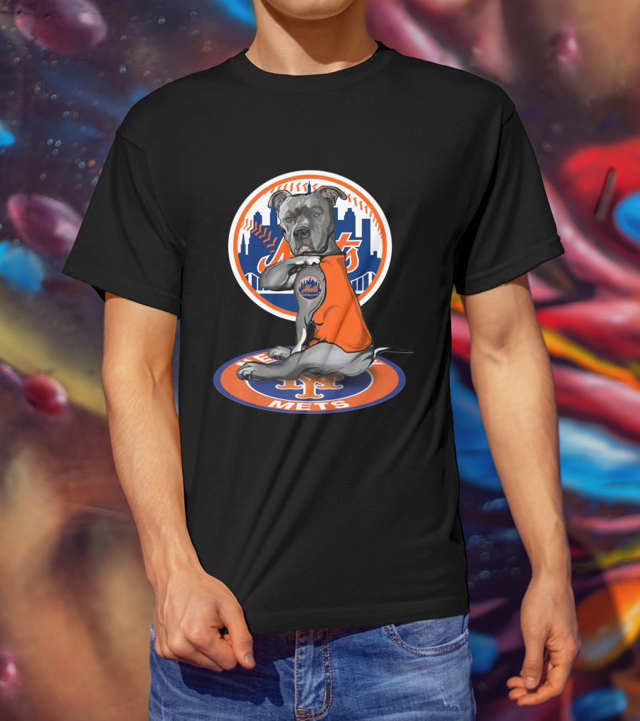 New York Mets Dog In Orange Shirt With Team Logo And Skyline T-Shirt
