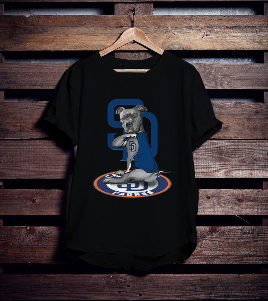Sd Padres Dog With Blue Sweater And Logo On Black T-Shirt
