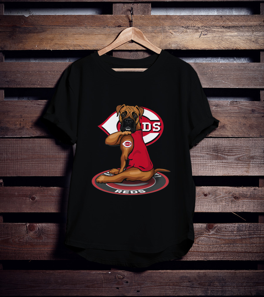 Cincinnati Reds Dog With Logo And Jersey Sitting On Reds T-Shirt