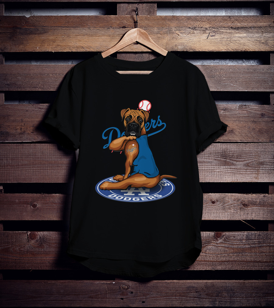 Los Angeles Dodgers Boxer Dog With Baseball And Logo Elements T-Shirt