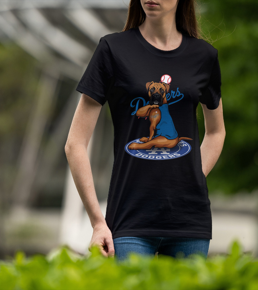 Los Angeles Dodgers Boxer Dog With Baseball And Logo Elements T-Shirt
