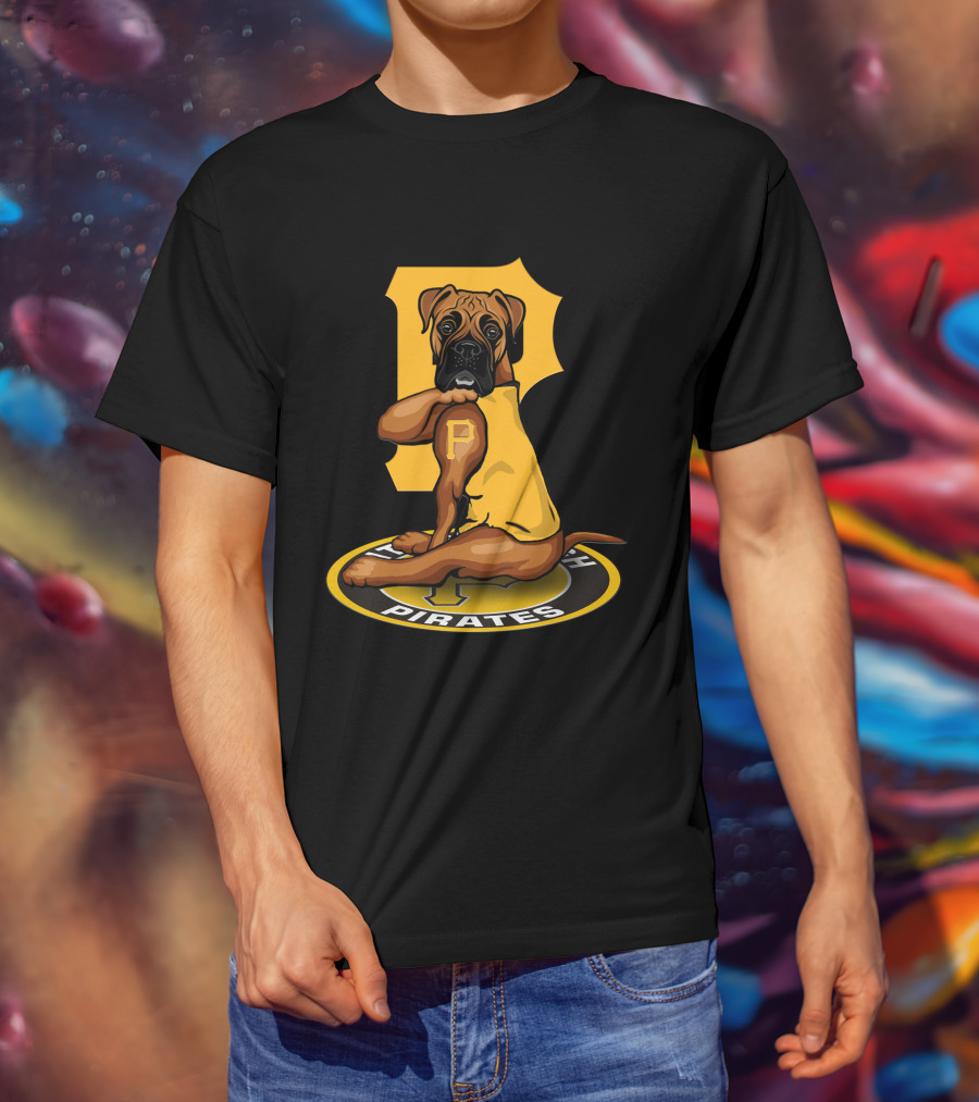 Pittsburgh Pirates Boxer Dog In Yellow Jersey With Vintage T-Shirt