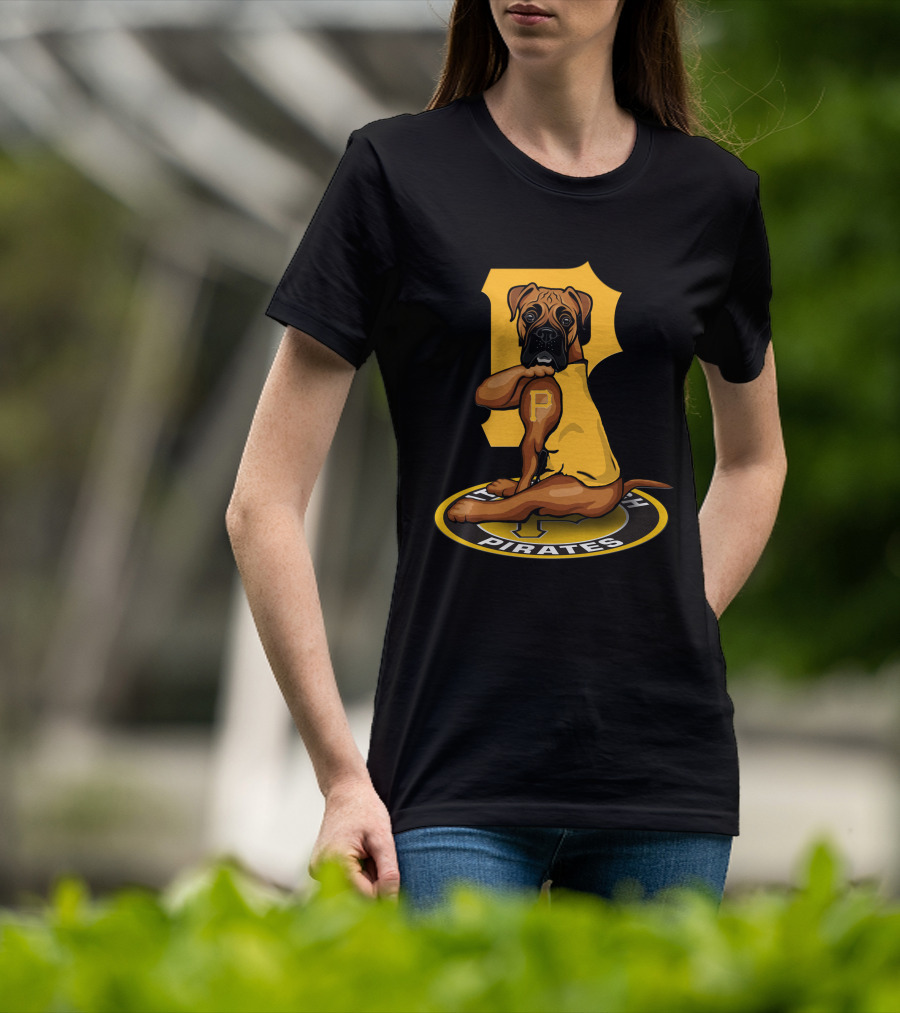 Pittsburgh Pirates Boxer Dog In Yellow Jersey With Vintage T-Shirt