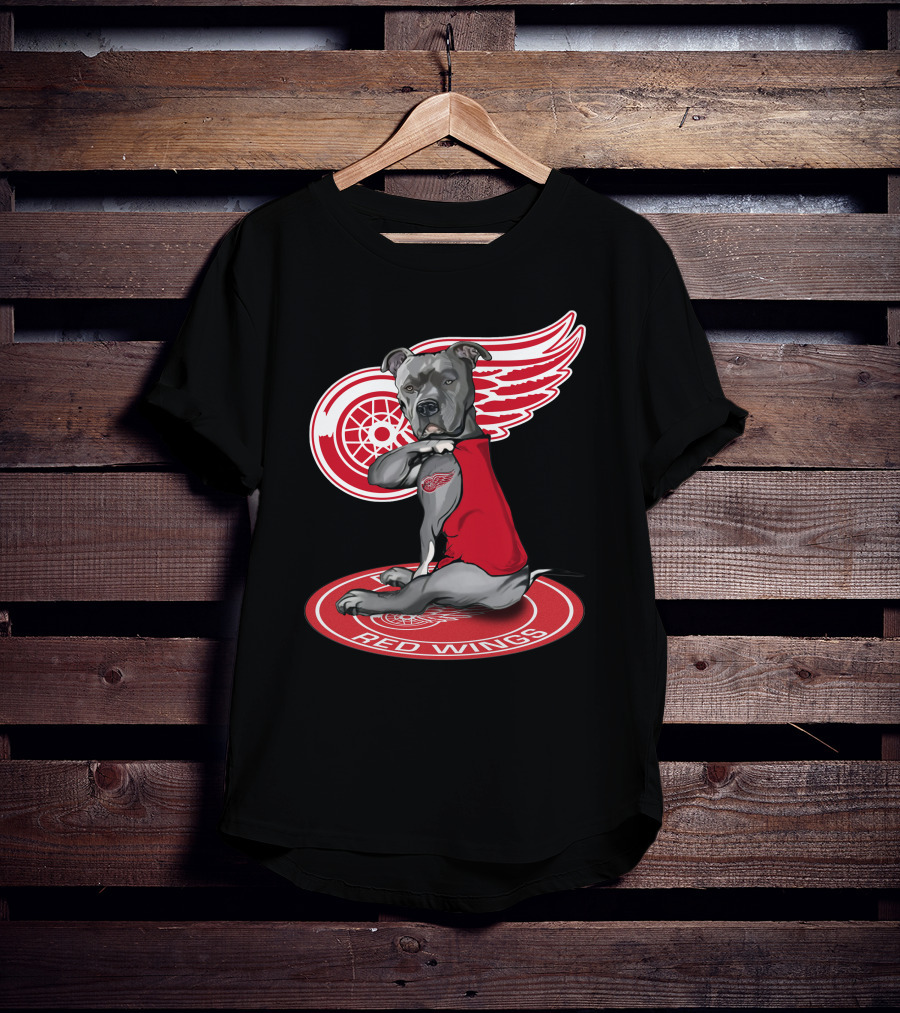 Detroit Red Wings Dog With Logo Wings And Red Vest T-Shirt