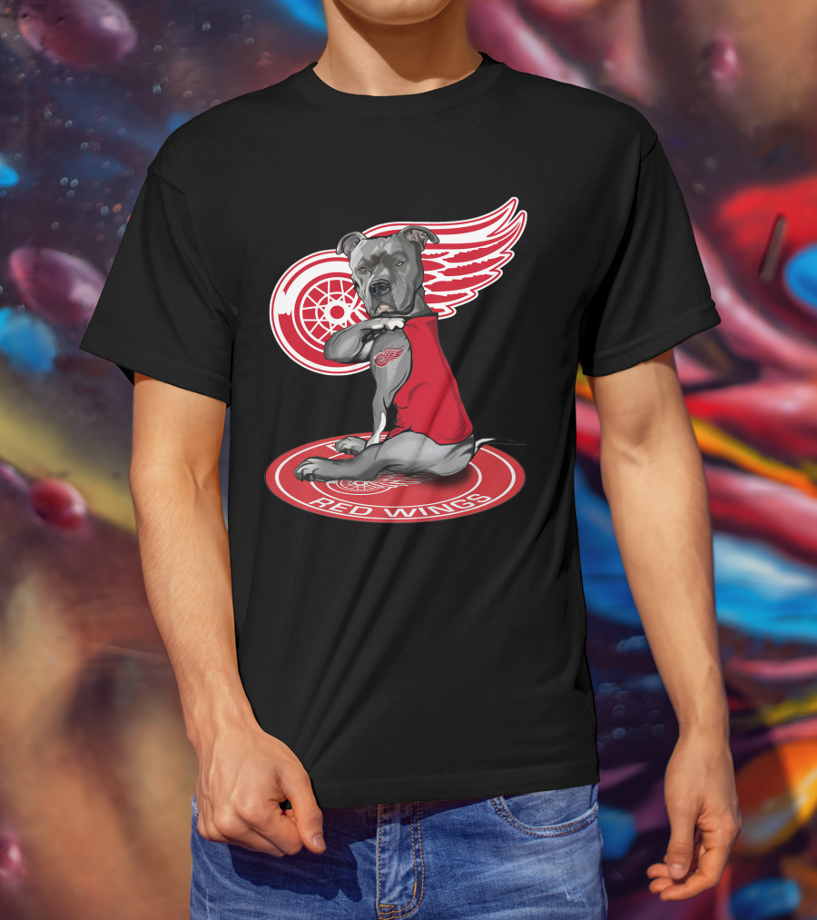 Detroit Red Wings Dog With Logo Wings And Red Vest T-Shirt