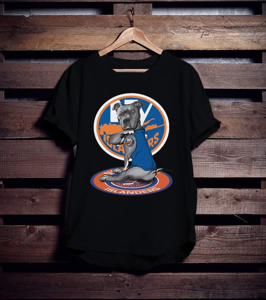 NY Islanders Dog Wearing Team Logo With Circular Orange T-Shirt